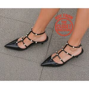 Zara NWT Black Pearl Strappy Slingback Kitten Heels 8